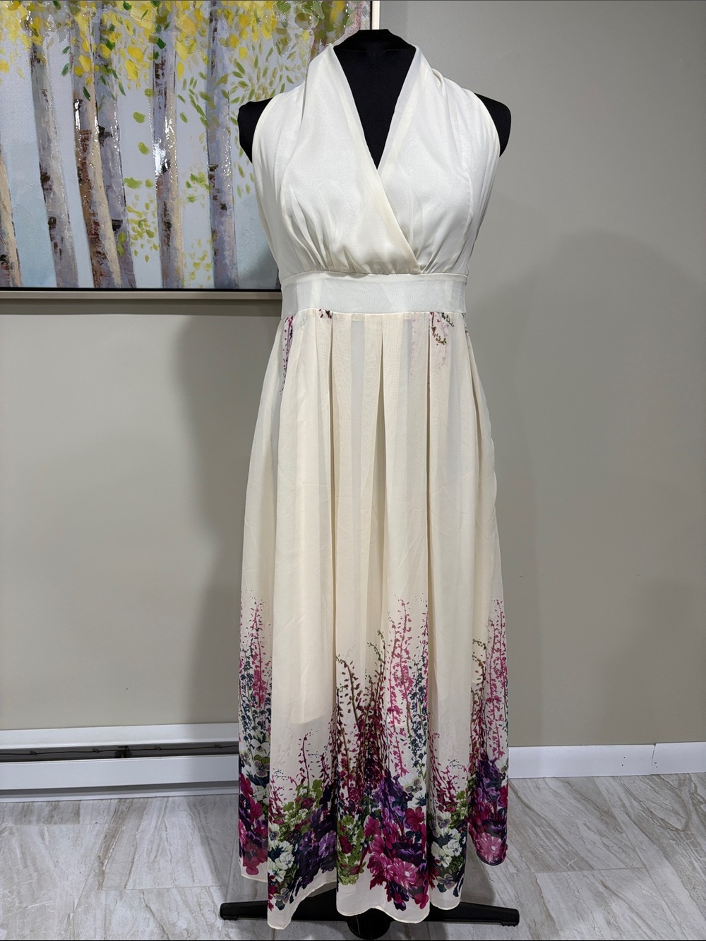 Ivory Floral-Hem Halter Maxi Dress - Size: Large